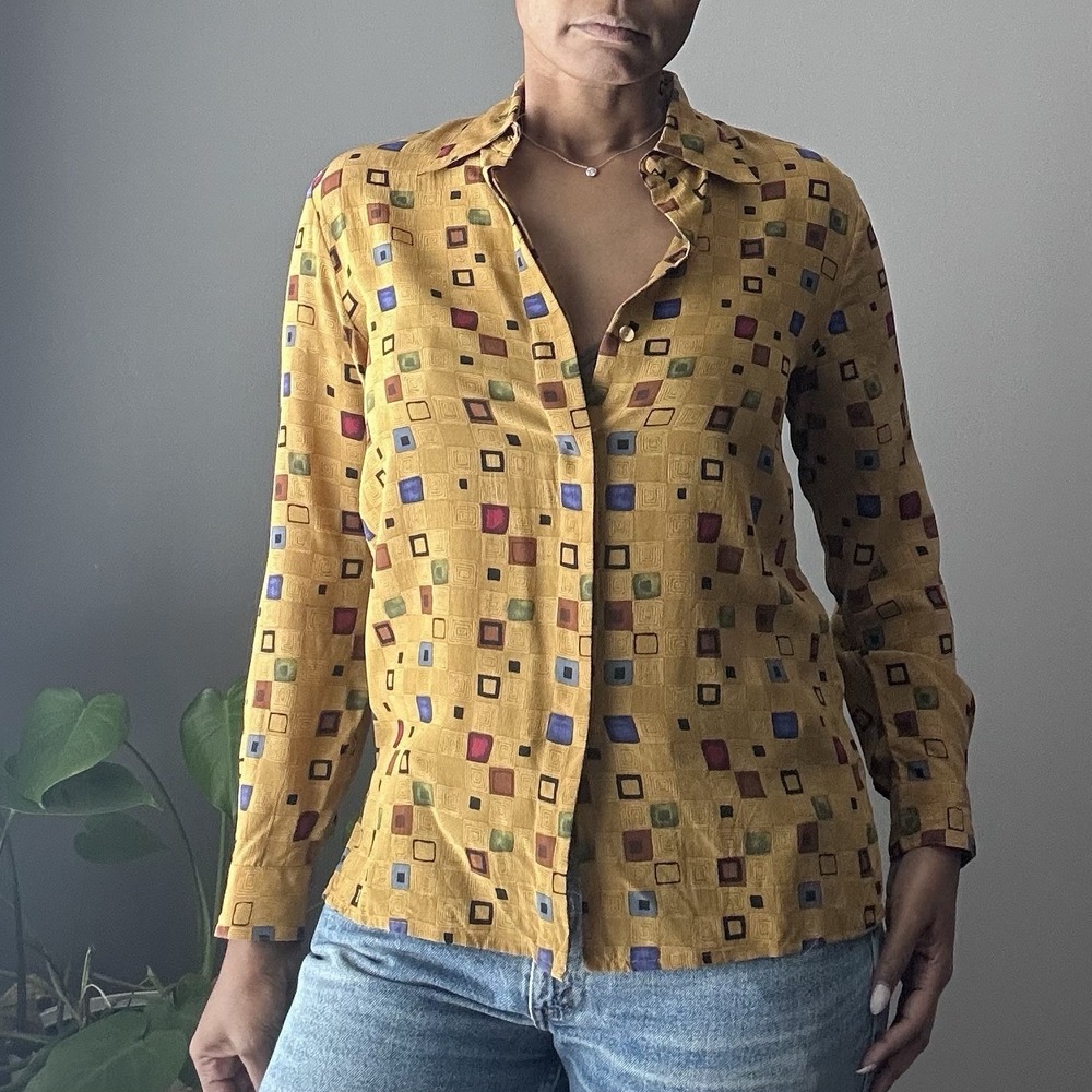 Vintage Jessie June Button Up Blouse Womens M‎ 100% Silk Gold Geometric Print - Picture 2 of 10